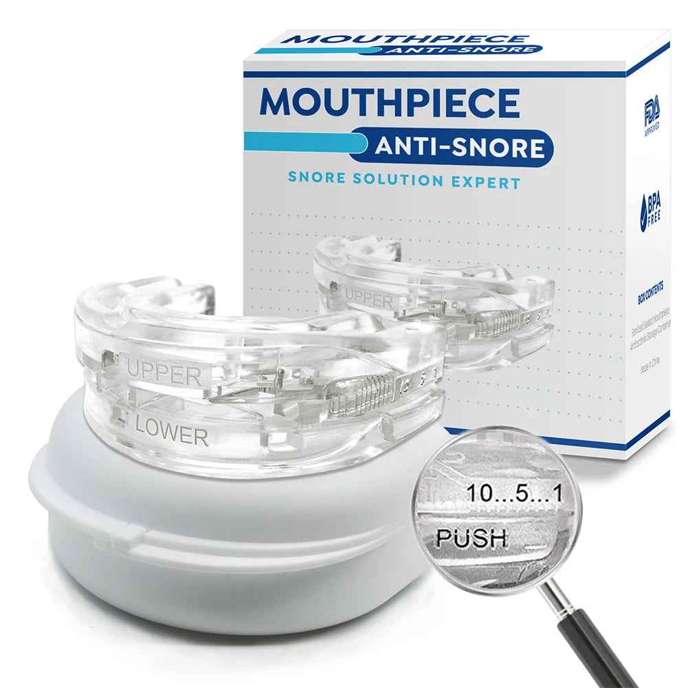 Advanced anti-snoring mouth guard that holds jaw forward to keep airway open during sleep preventing snoring and teeth grinding — modern sleep solution Canada SBDS WORD