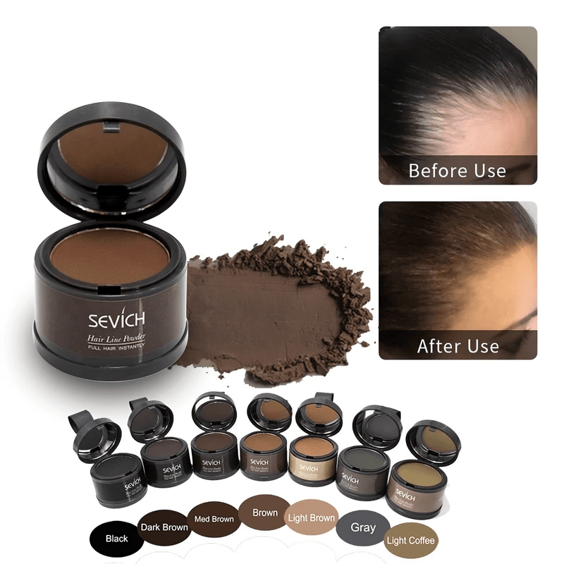 Instant hair coverage powder concealing thinning hair receding hairline and visible bald spots in 30 seconds with natural waterproof finish available in 13 shades - modern hair loss solution Canada