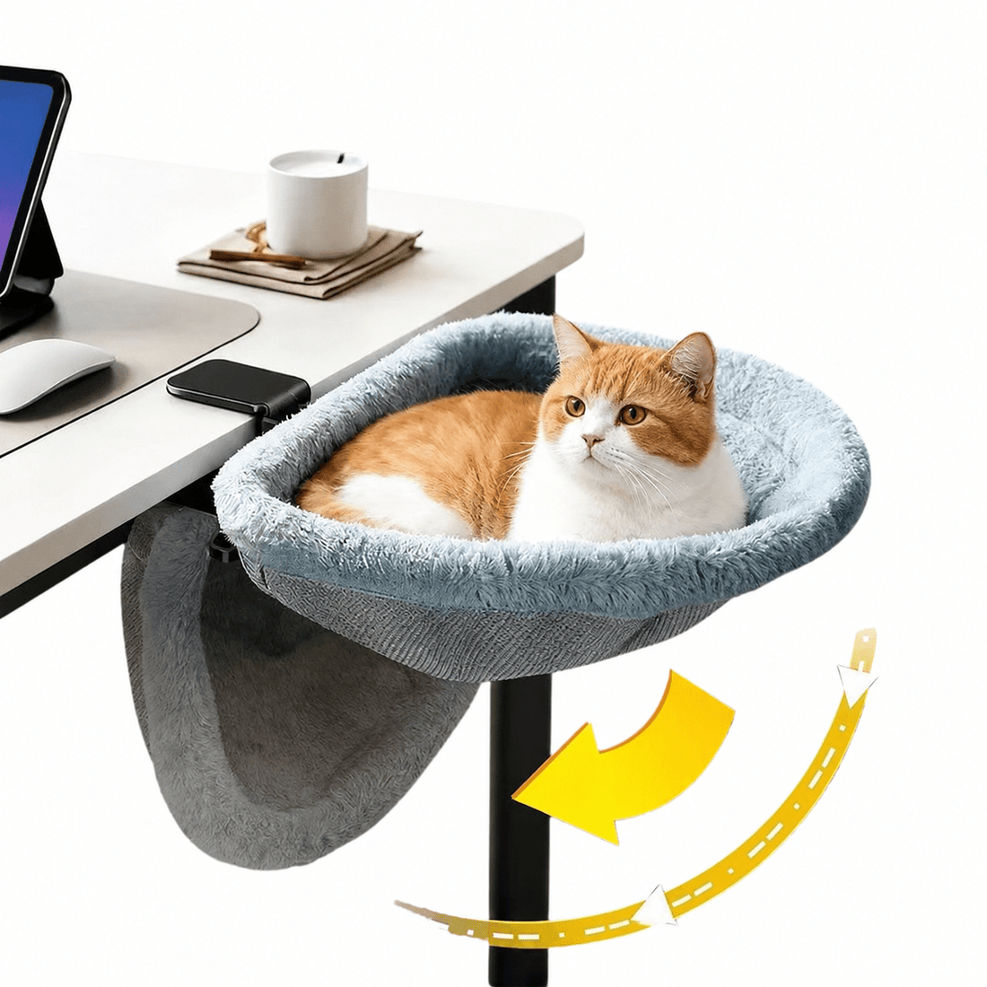 Foldable cat desk bed that attaches to desk edge giving cats their own elevated perch next to owner during work from home in Canada SBDS WORD