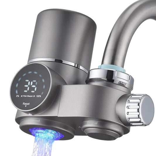 Faucet water filter for kitchen sink that removes chlorine sediment and contaminants providing clean drinking water - modern solution to stop buying plastic water bottles in Canada