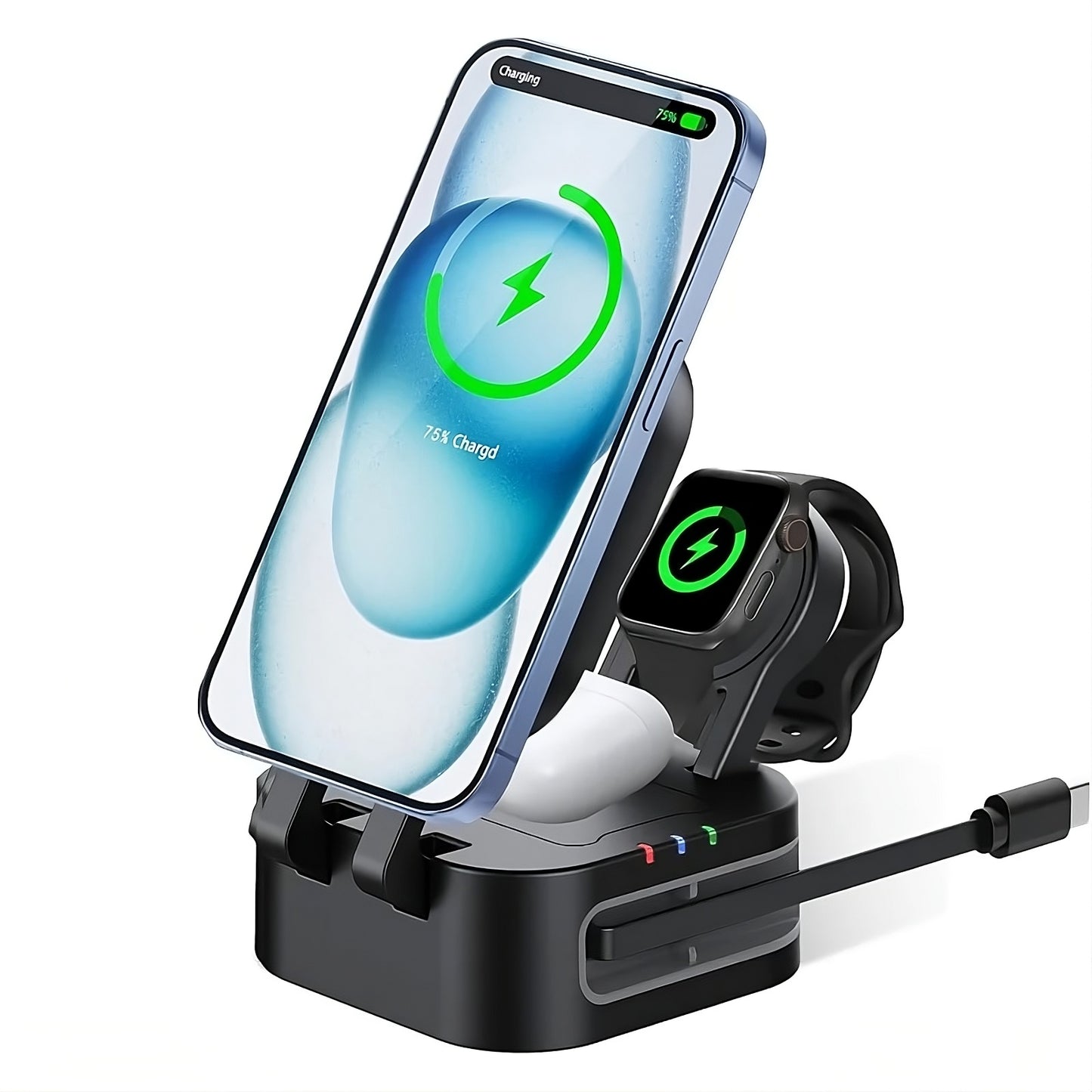 Magnetic 3-in-1 wireless charger station simultaneously charging iPhone Apple Watch and AirPods with MagSafe - modern solution to eliminate cable clutter from desk and nightstand Canada