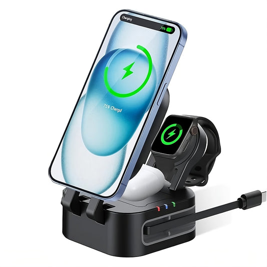 Magnetic 3-in-1 wireless charger station simultaneously charging iPhone Apple Watch and AirPods with MagSafe - modern solution to eliminate cable clutter from desk and nightstand Canada