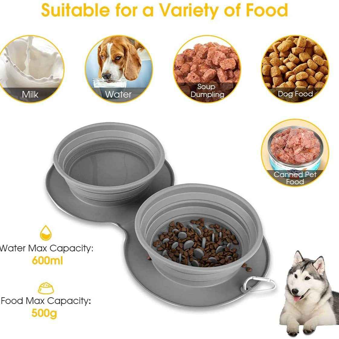 Silicone Foldable Slow Feeder Dog Bowl — Collapsible Travel Bowl That Slows Fast Eaters