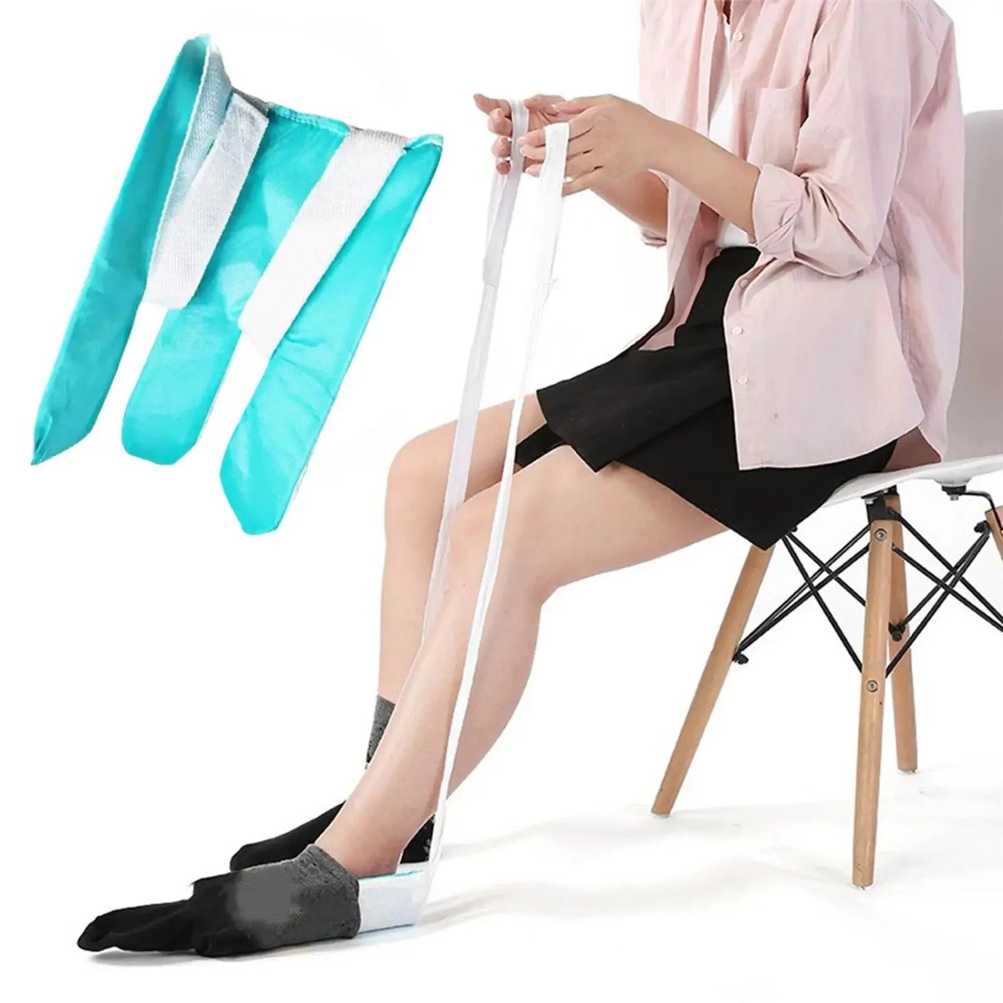 Sock aid tool in use Canada — loading sock onto cradle and pulling straps to dress without bending