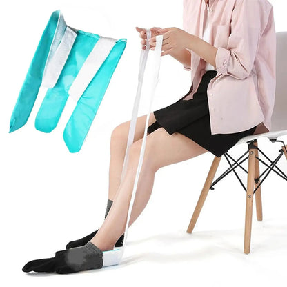 Sock aid tool in use Canada — loading sock onto cradle and pulling straps to dress without bending