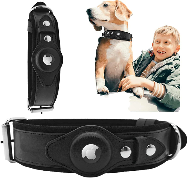 Leather AirTag Dog Collar — Premium Genuine Leather with Built-In AirTag Holder for Dog Tracking