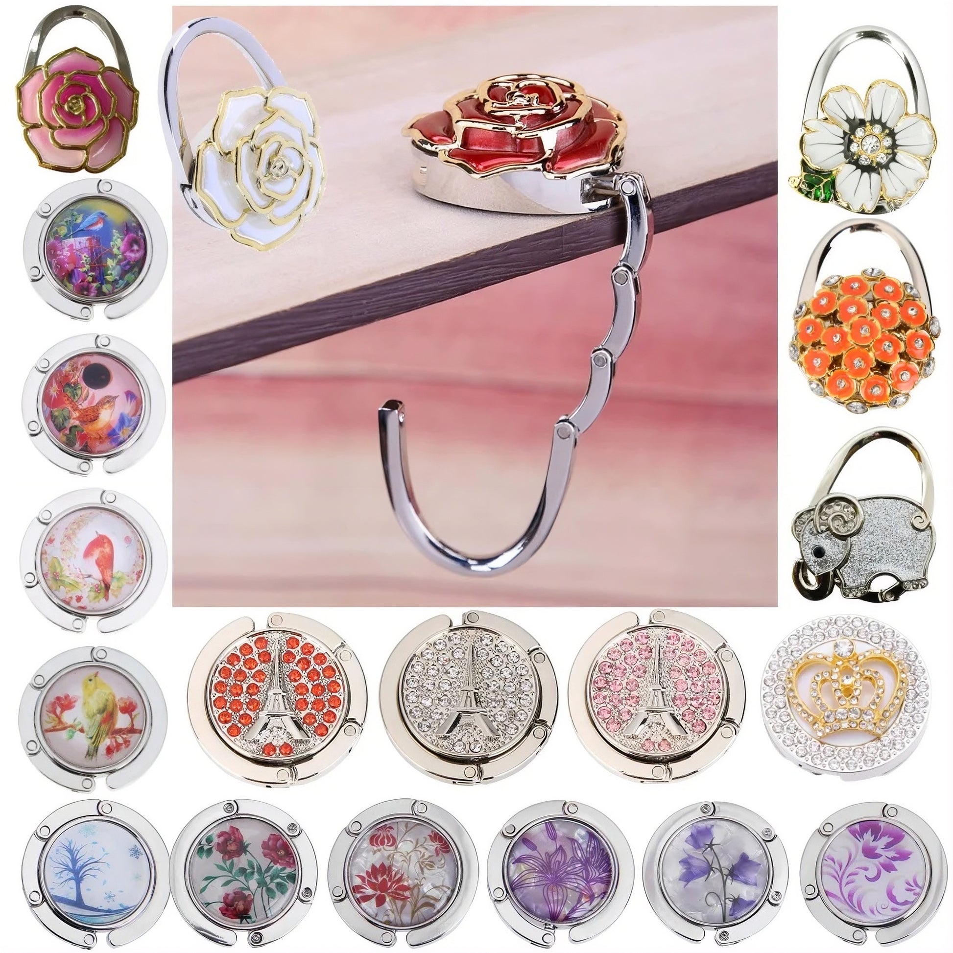 Decorative purse hanger hook clipped to cafe table keeping bag clean off floor - SBDS WORD Canada