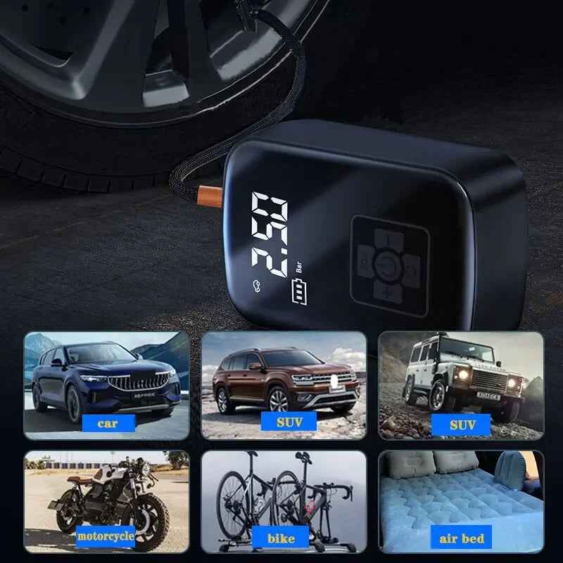 Portable Electric Tire Inflator — Cordless Digital Air Pump for Car Bike and Motorcycle Tires