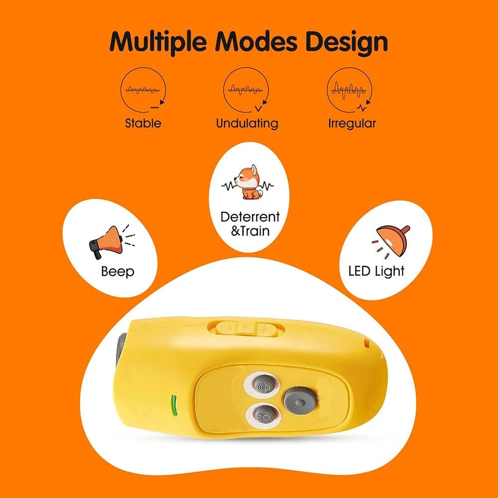 Handheld ultrasonic dog repeller device showing range and safe sound frequency diagram - SBDS WORD Canada