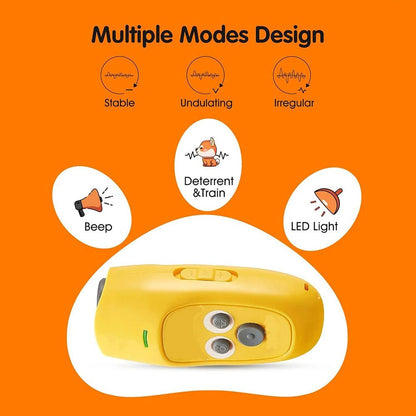 Handheld ultrasonic dog repeller device showing range and safe sound frequency diagram - SBDS WORD Canada