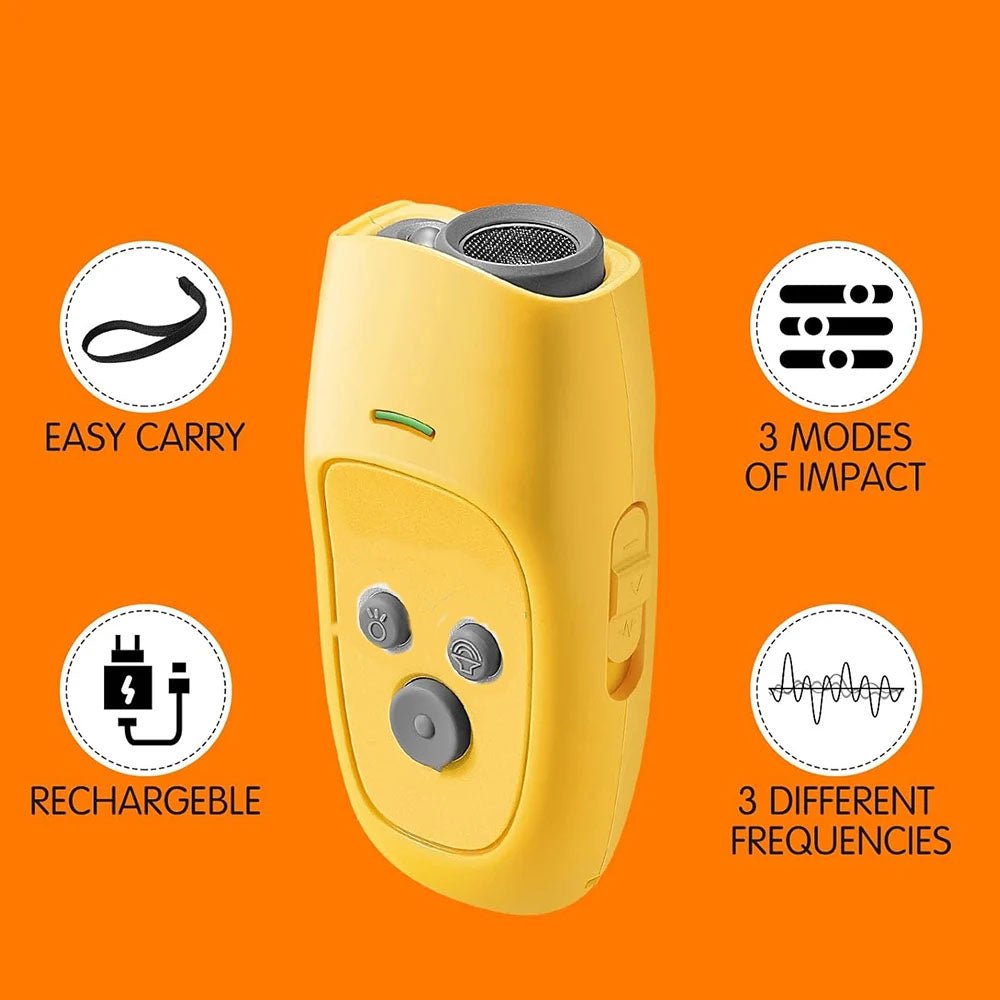 Dog barking control device in yellow used outdoors on walk to discourage reactive barking - SBDS WORD Canada