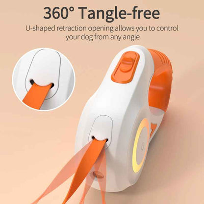 Automatic LED dog leash in green and orange showing comfortable grip handle and lock button - SBDS WORD Canada