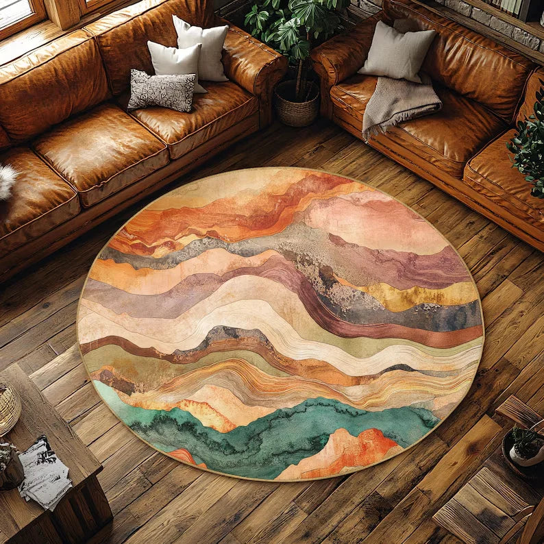 Abstract Landscape Round Rug Earth Tones Circle Mat Anti-Slip Abstract Mountains Rug Boho Landscape Rug Minimalist Round Carpet