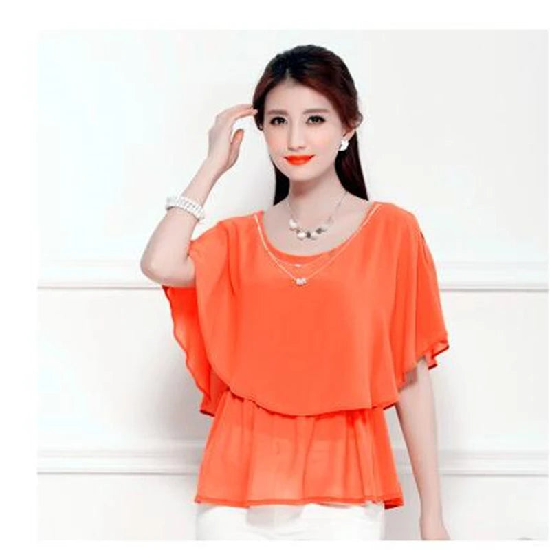 2025 Women Summer Tops Blouse Fashion Elegant Ruffle Batwing Sleeves Chiffon Shirt Loose Casual Clothing blusas mujer de moda