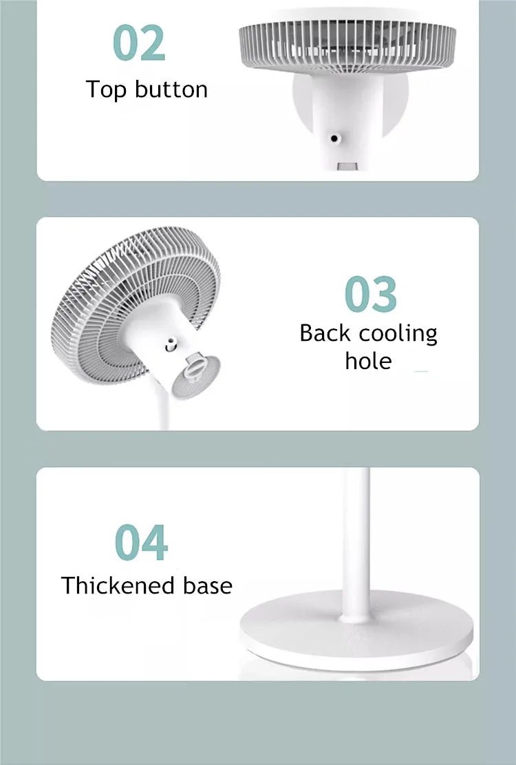 12 Inch Desktop Tabletop Table Top Air Fan Plastic White Floor Fan AC Quiet Silent Adjustable AC Intelligent Charging Remote SBDS WORD